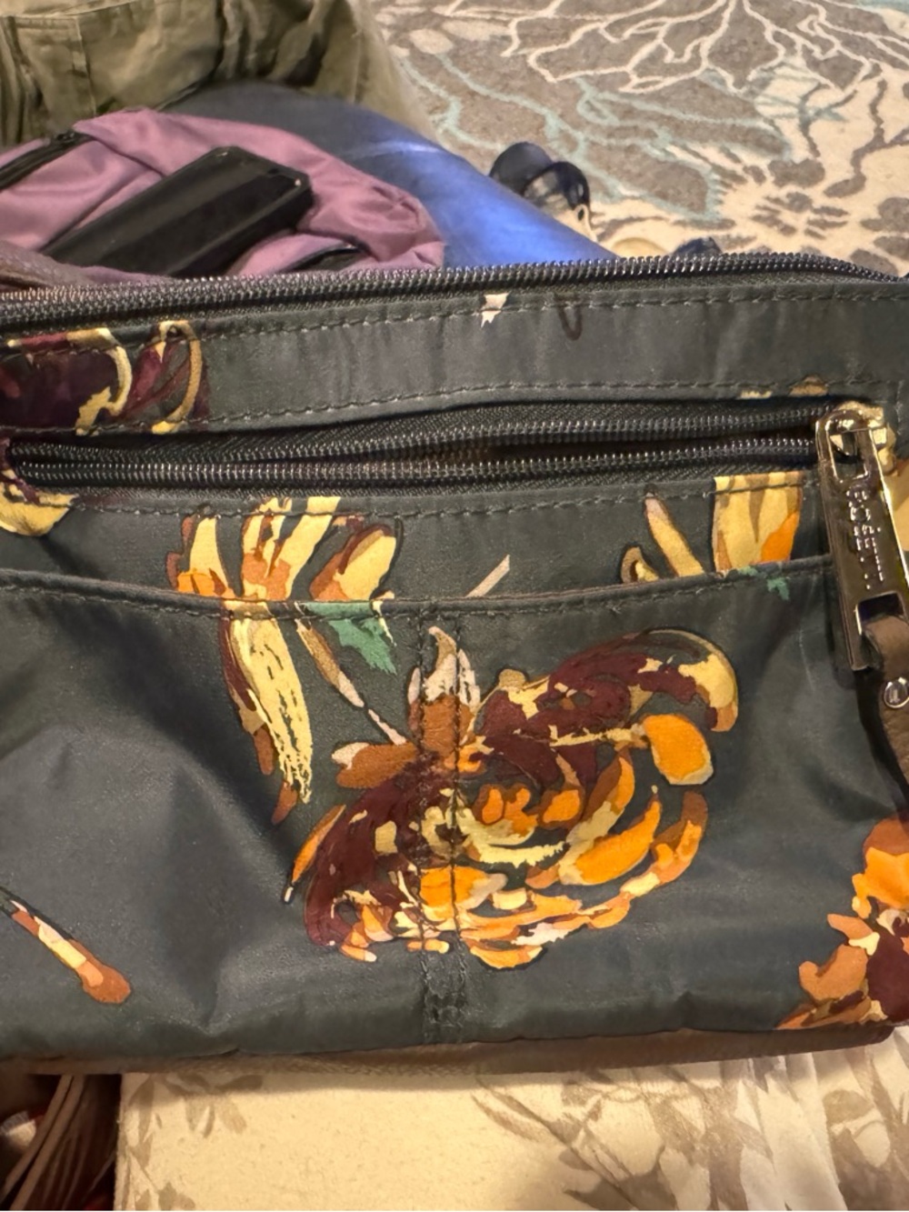 Rosetti Dark Gray Floral Crossbody with Yellow-Orange Accents